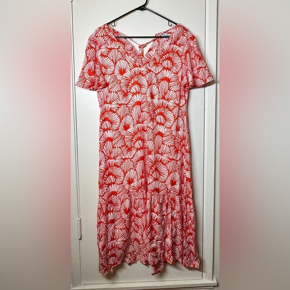 Tommy Bahama Shell We Dance Poppy Red White Tropical Midi Flutter Dress Small